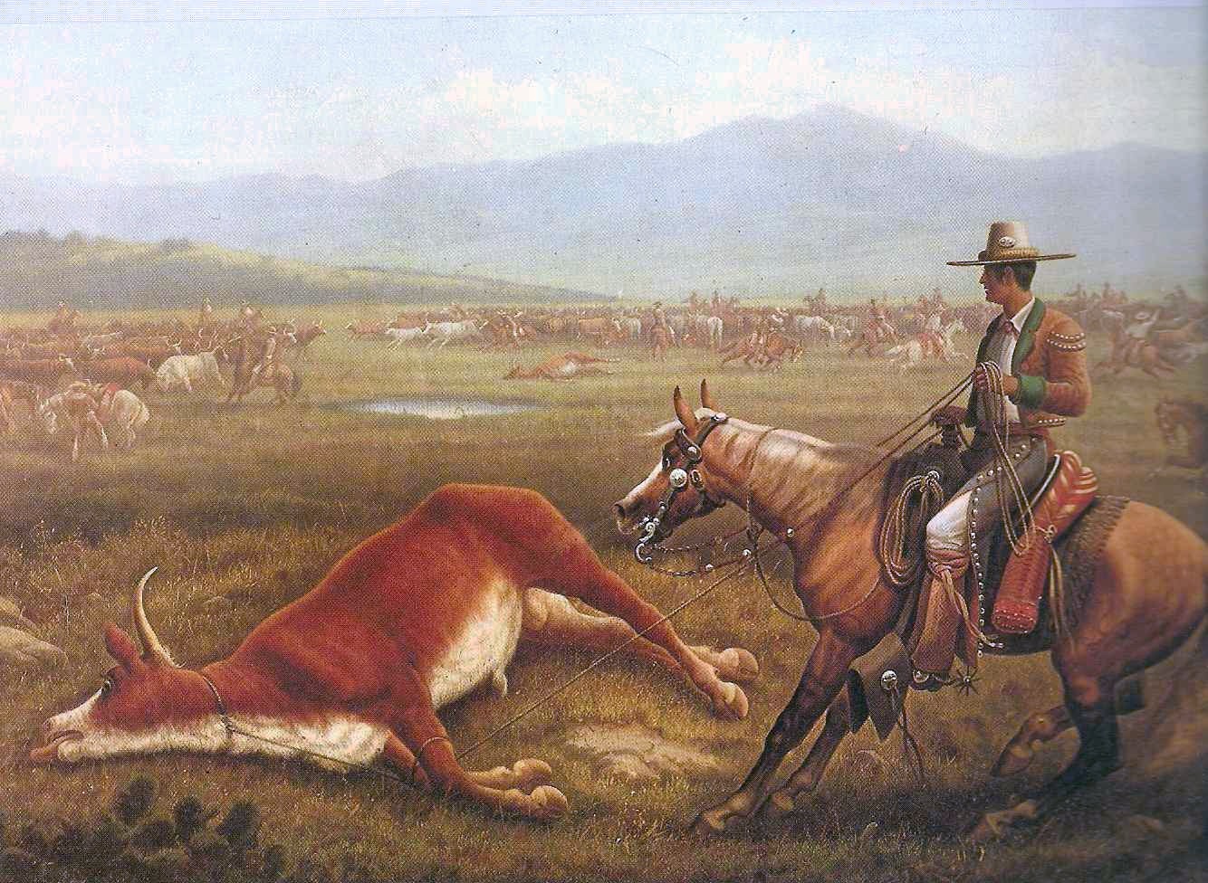Painting of a Mexican vaquero roping cattle in California, circa 1877, by James Walker — depicting the cattle-working tradition that vaqueros brought to Texas ranching