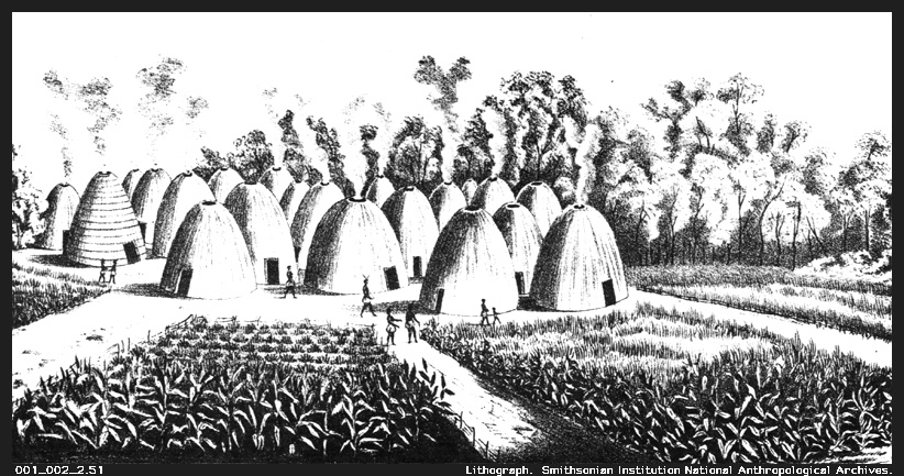 Wichita village lithograph c. 1850–1875, showing grass-thatched dome lodges similar to the Taovaya settlement at Spanish Fort on the Red River