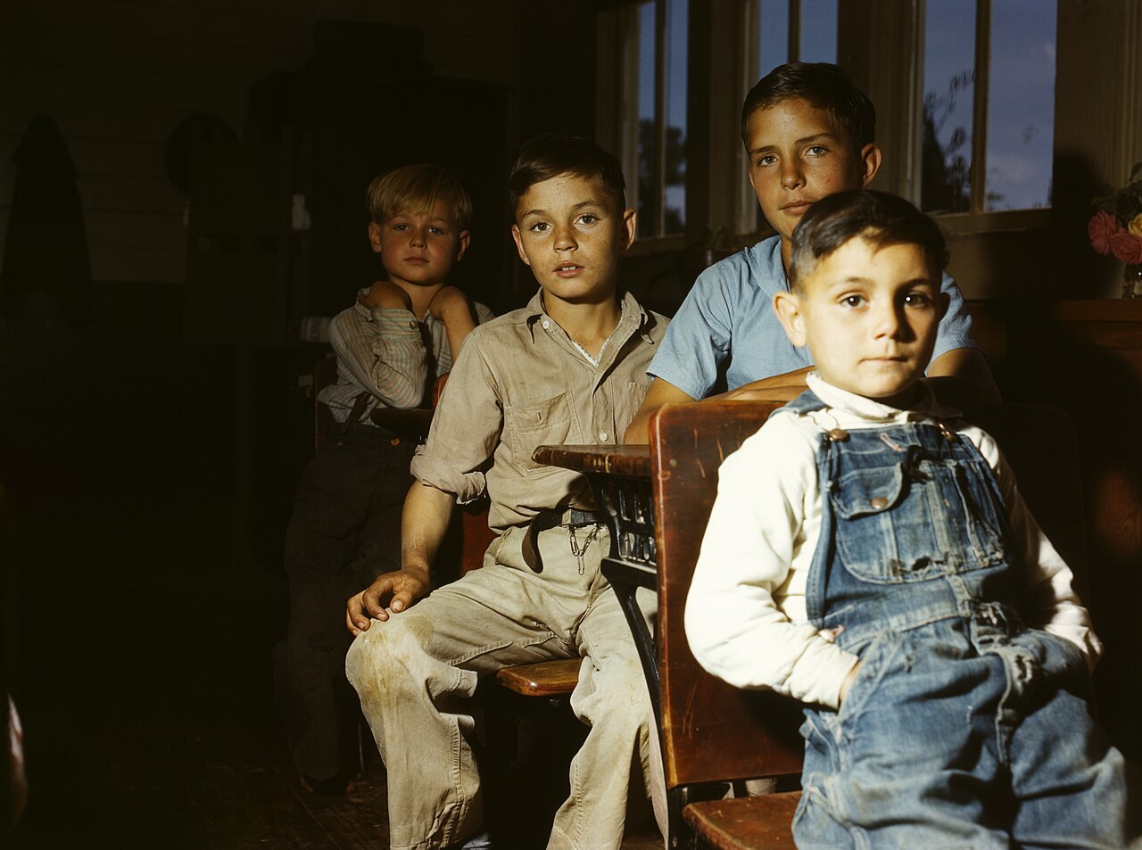 Rural school children in San Augustine County, East Texas, 1943 — a color FSA photograph documenting small-town Texas public education