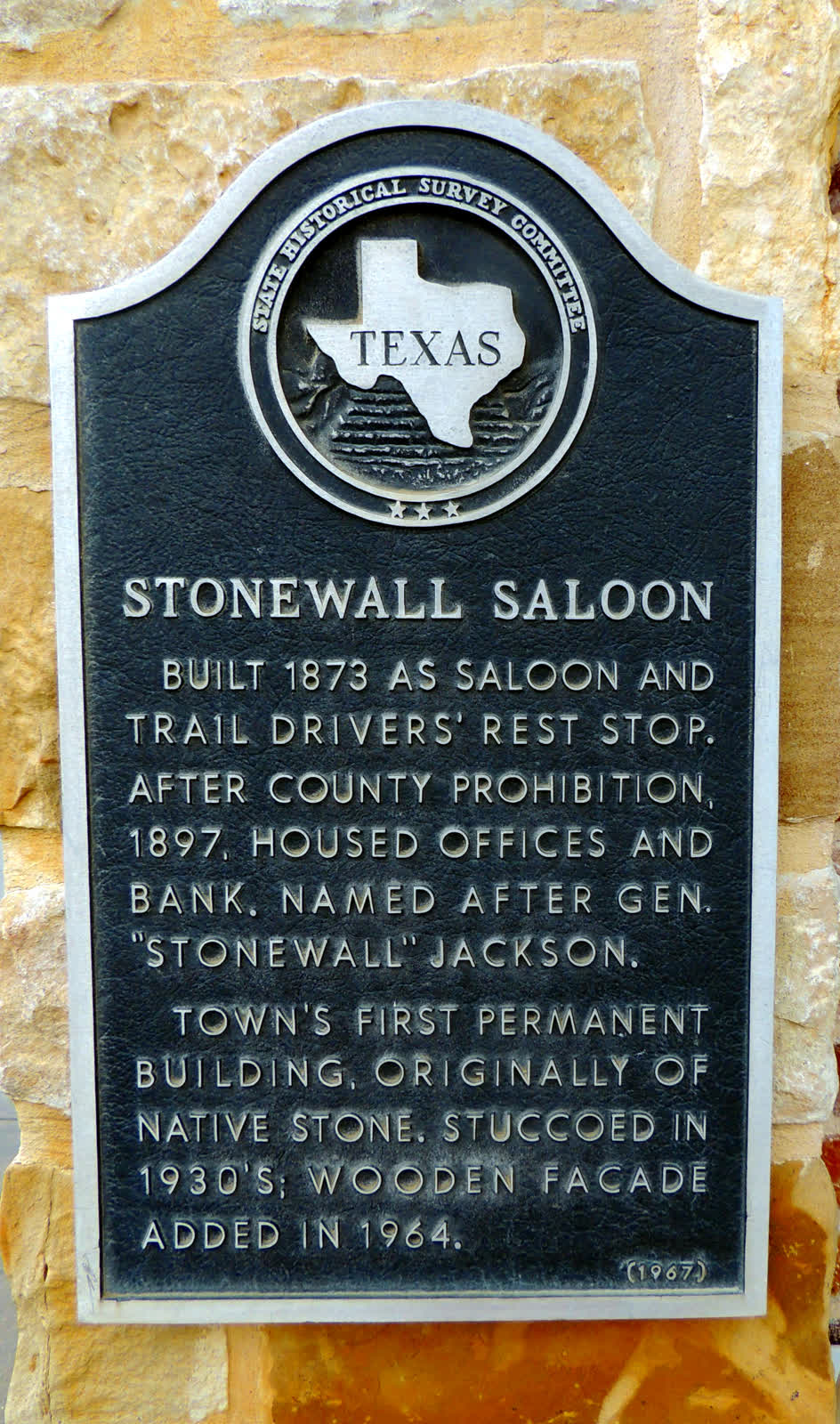 Texas Historical Commission bronze marker for the Stonewall Saloon, Saint Jo, Texas, installed 1967