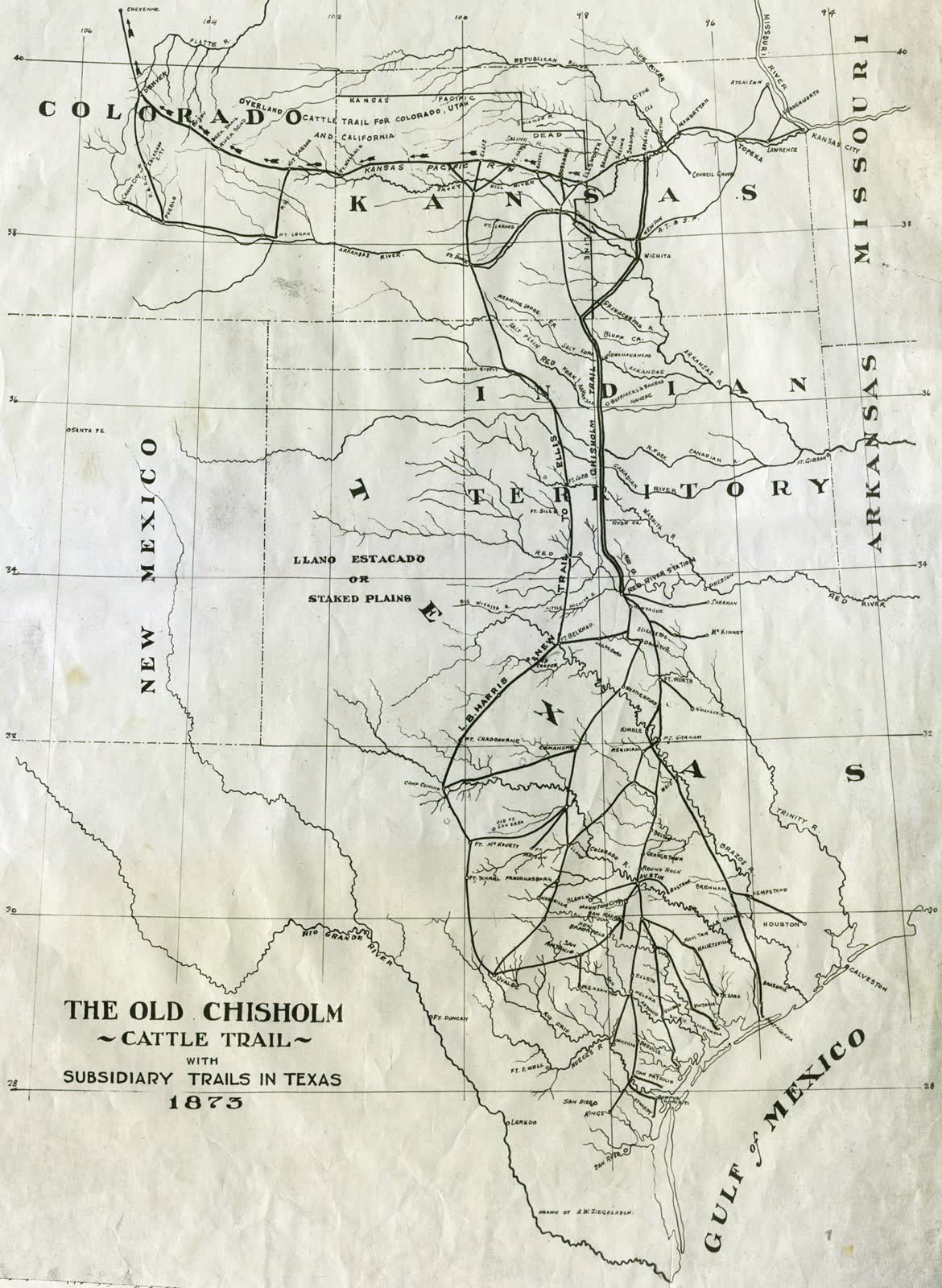 1873 map of the Chisholm Trail and subsidiary cattle drives through Texas, showing the route north through Indian Territory to Kansas markets