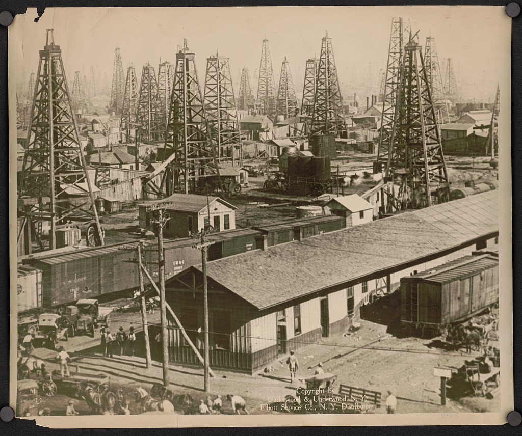 Forest of oil derricks at Burkburnett, Wichita County, Texas, c.1920 — the north Texas oil boom at the heart of the KMA (Kemp-Munger-Allen) field that extended into Montague County