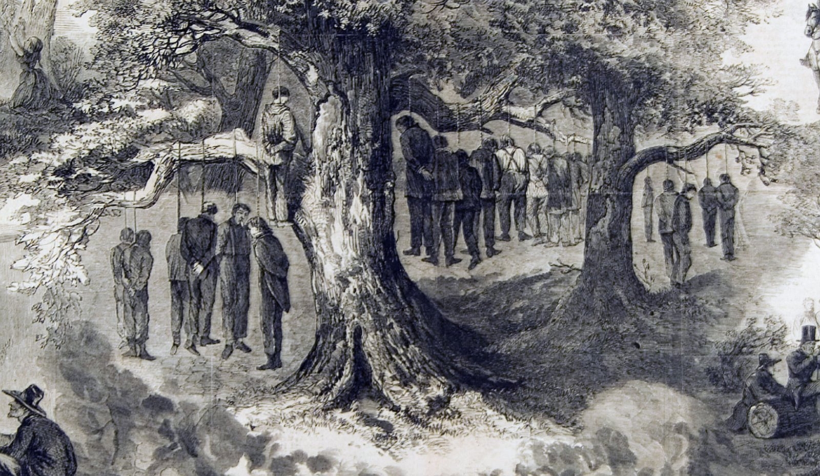 Illustration of the Great Hanging at Gainesville, Texas, October 1862 — forty Unionists executed in neighboring Cooke County, reflecting the political terror that gripped north Texas during the Civil War frontier era