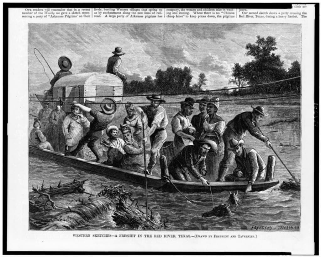 People crossing the Red River, Texas during a flood, wood engraving by Frenzeny and Tavernier, Harper's Weekly, April 1874, depicting the turbulent frontier world of the Reconstruction era