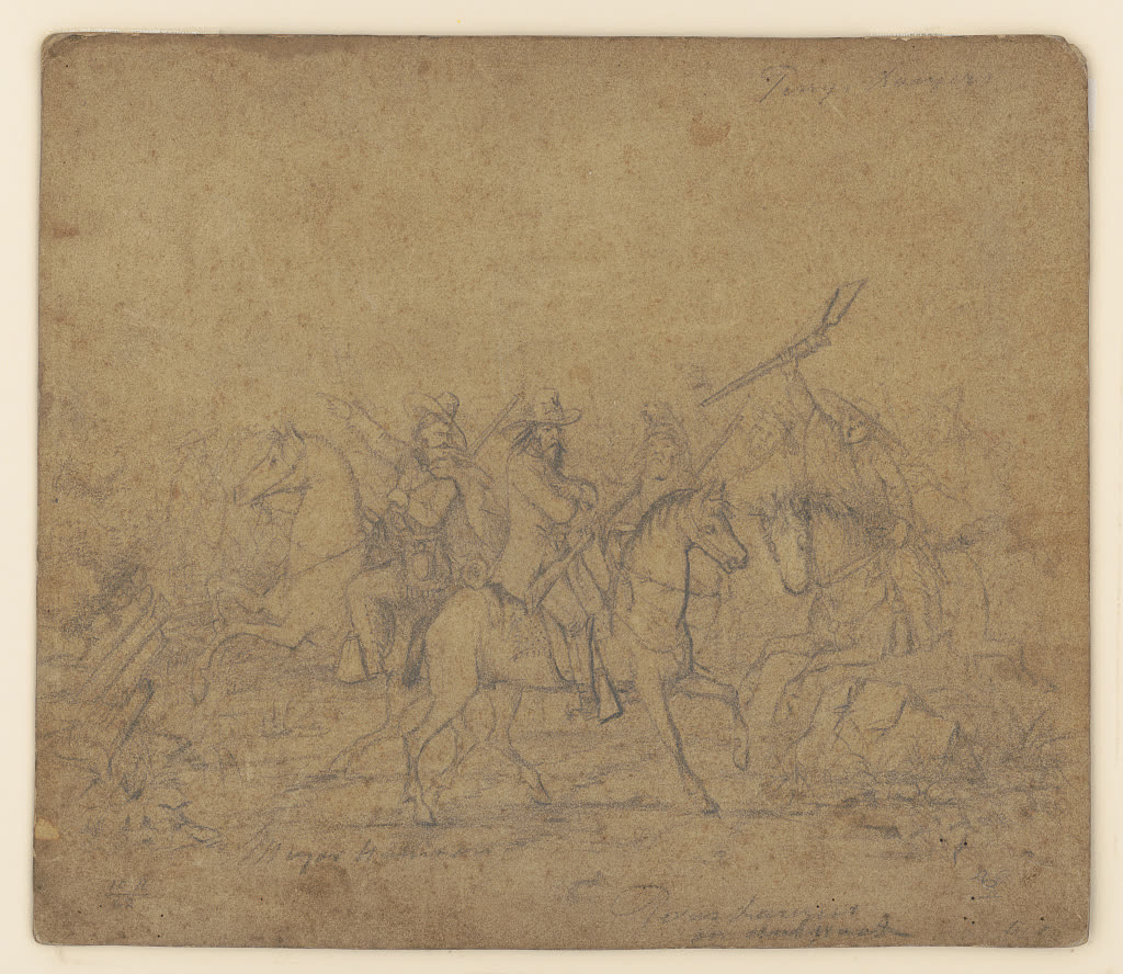 Texas Rangers, graphite drawing by Adolph Metzner, 1862, showing armed frontier Rangers in the era of Comanche conflict that defined Montague County's early settlement history