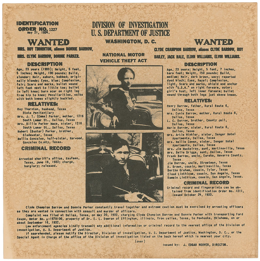 FBI wanted poster for Bonnie Parker and Clyde Barrow, issued May 1934 during their Texas outlaw years