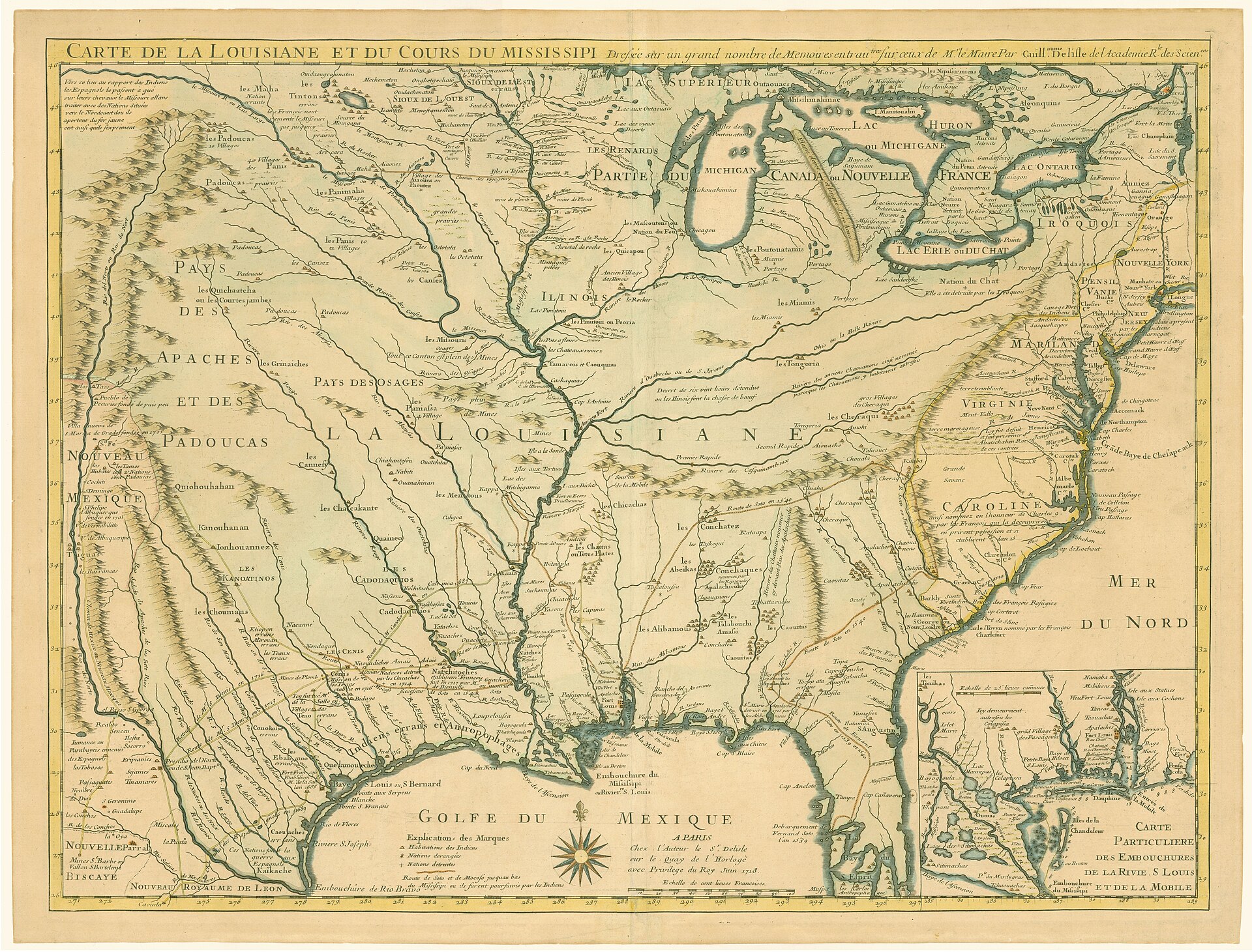 1718 Carte de la Louisiane et du Cours du Mississipi by Guillaume Delisle — the first detailed map of the Gulf region and the first printed map to show Texas, documenting French and Spanish colonial claims