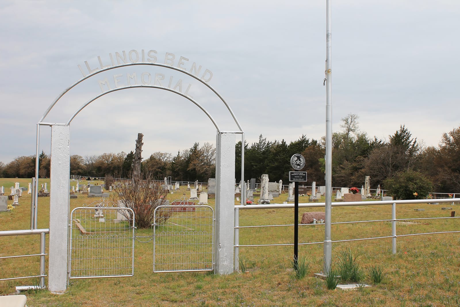 Illinois Bend Memorial Cemetery in Montague County, Texas — cemetery gate and entrance area on FM 677