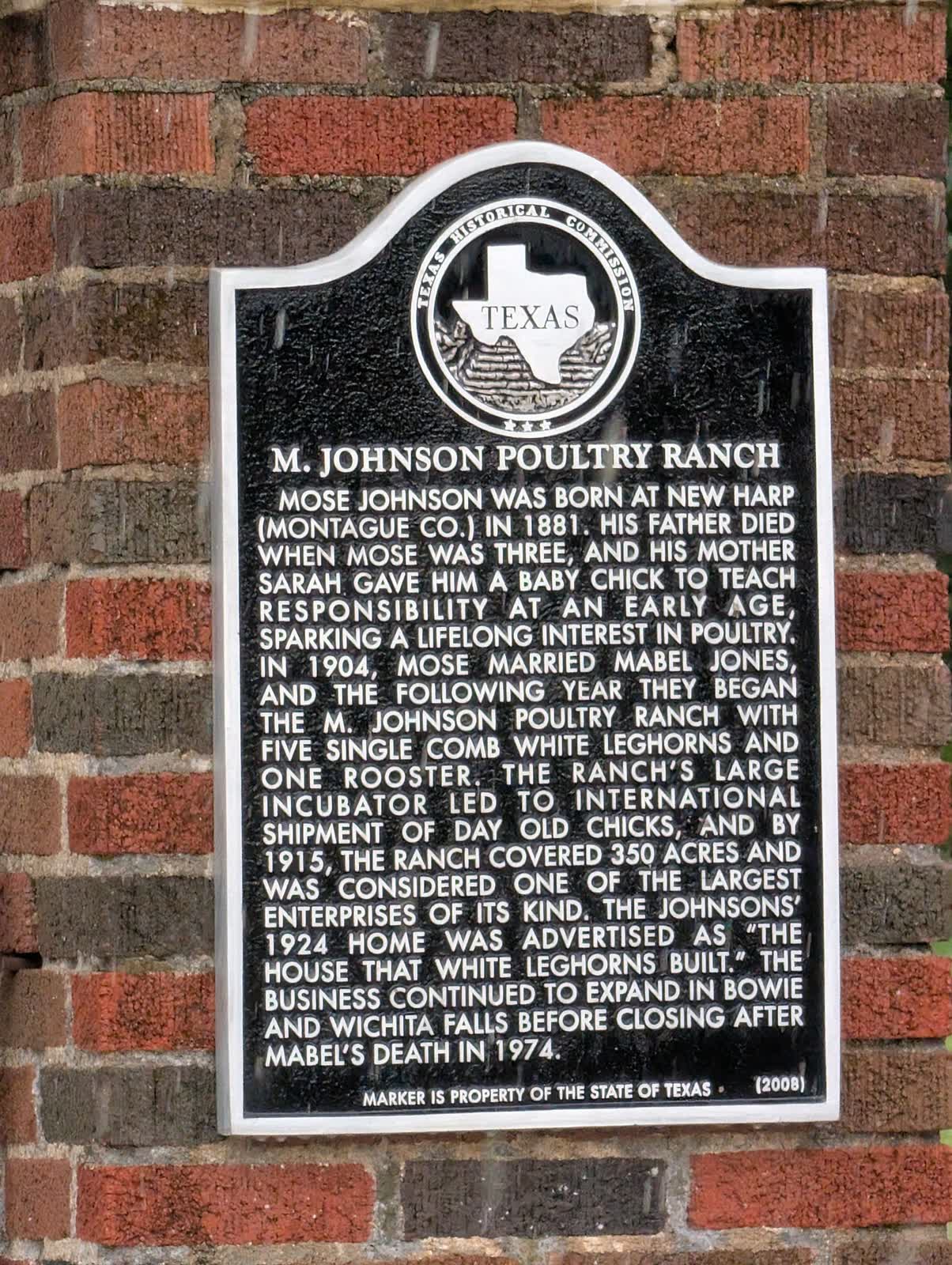 Texas Historical Commission marker for the M. Johnson Poultry Ranch, erected 2008, in Bowie, Texas